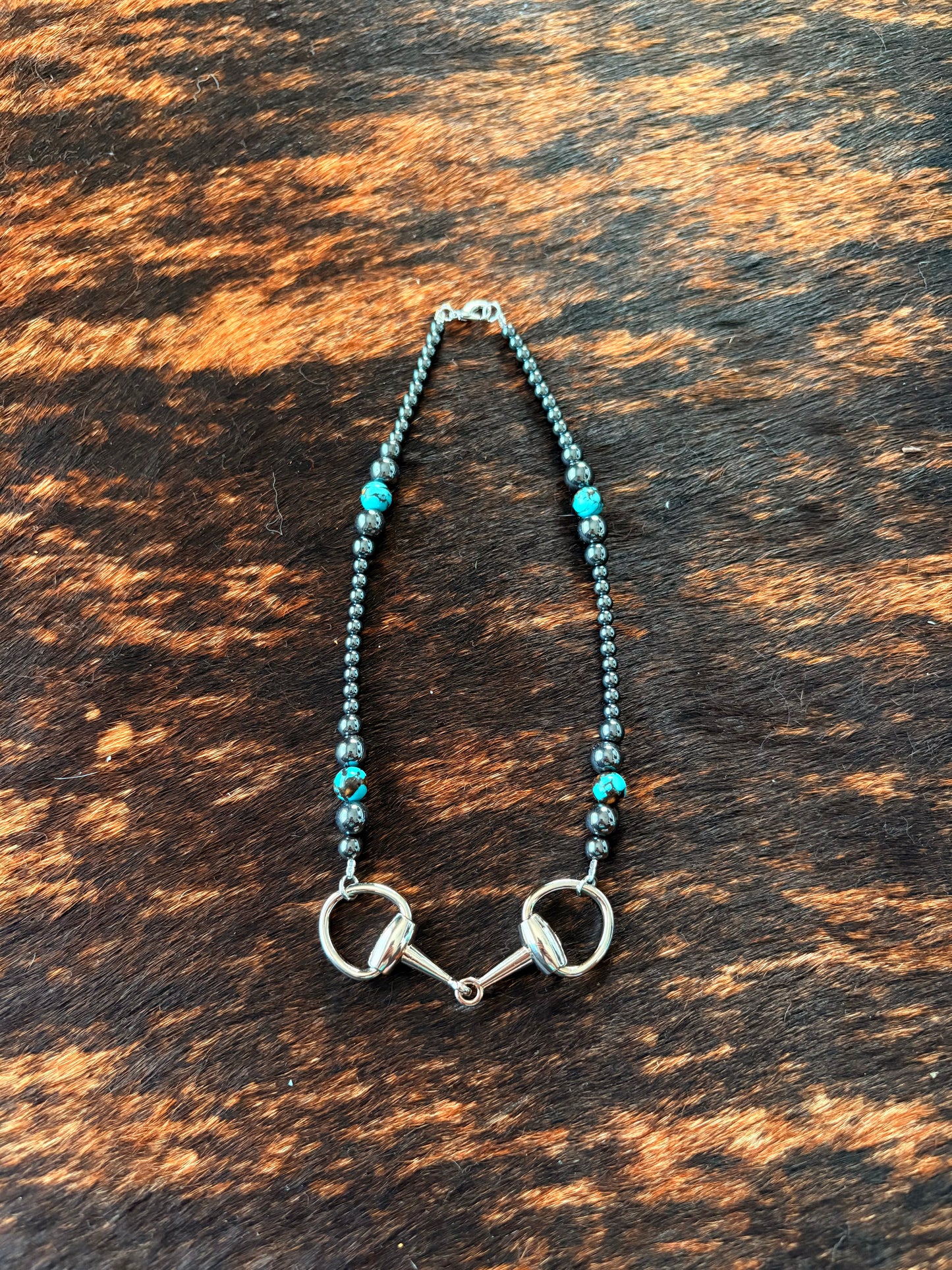 Graduated Hematite & Turquoise Snaffle - Necklace