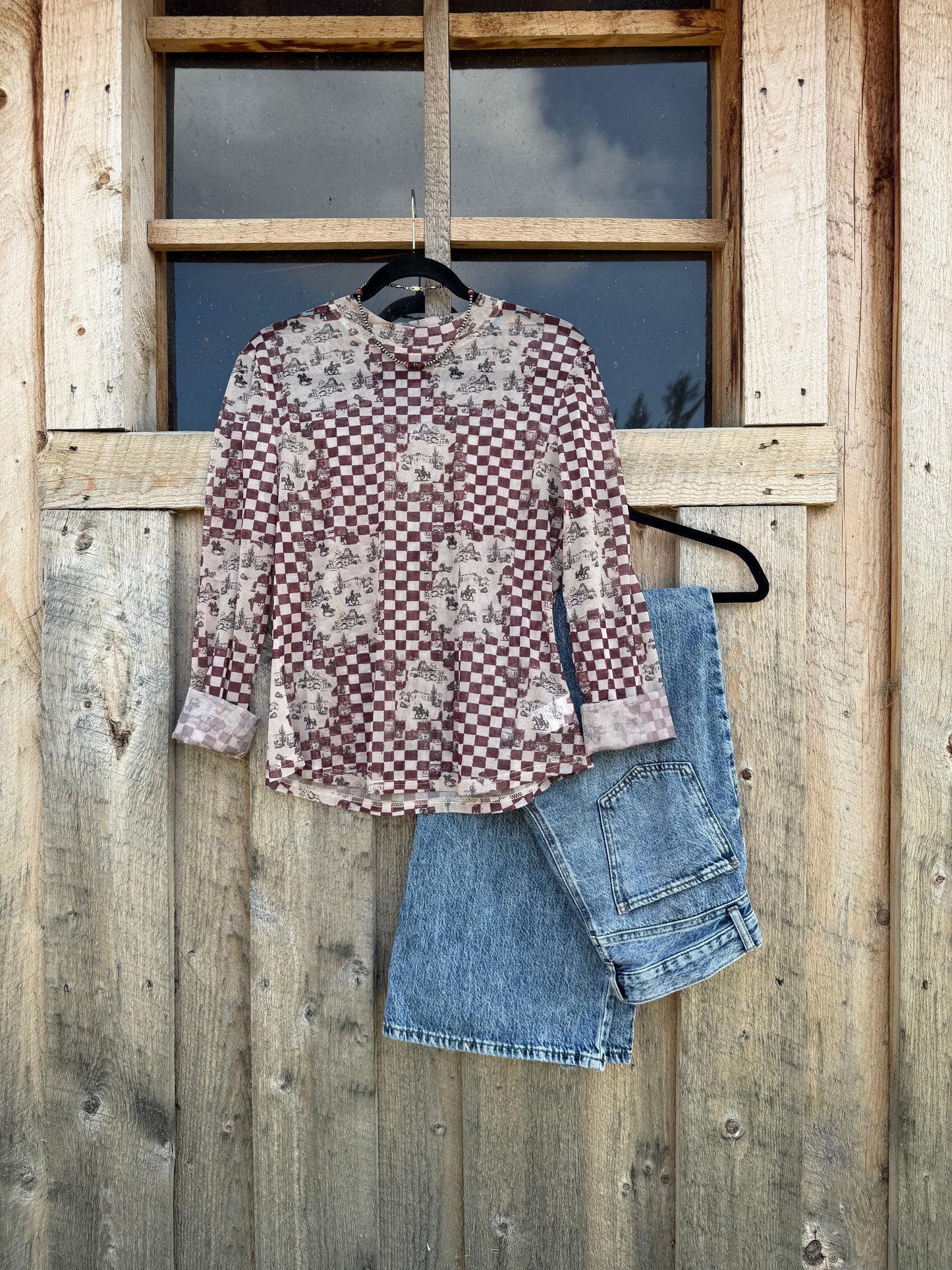 Brown Checkered Western Mesh Top