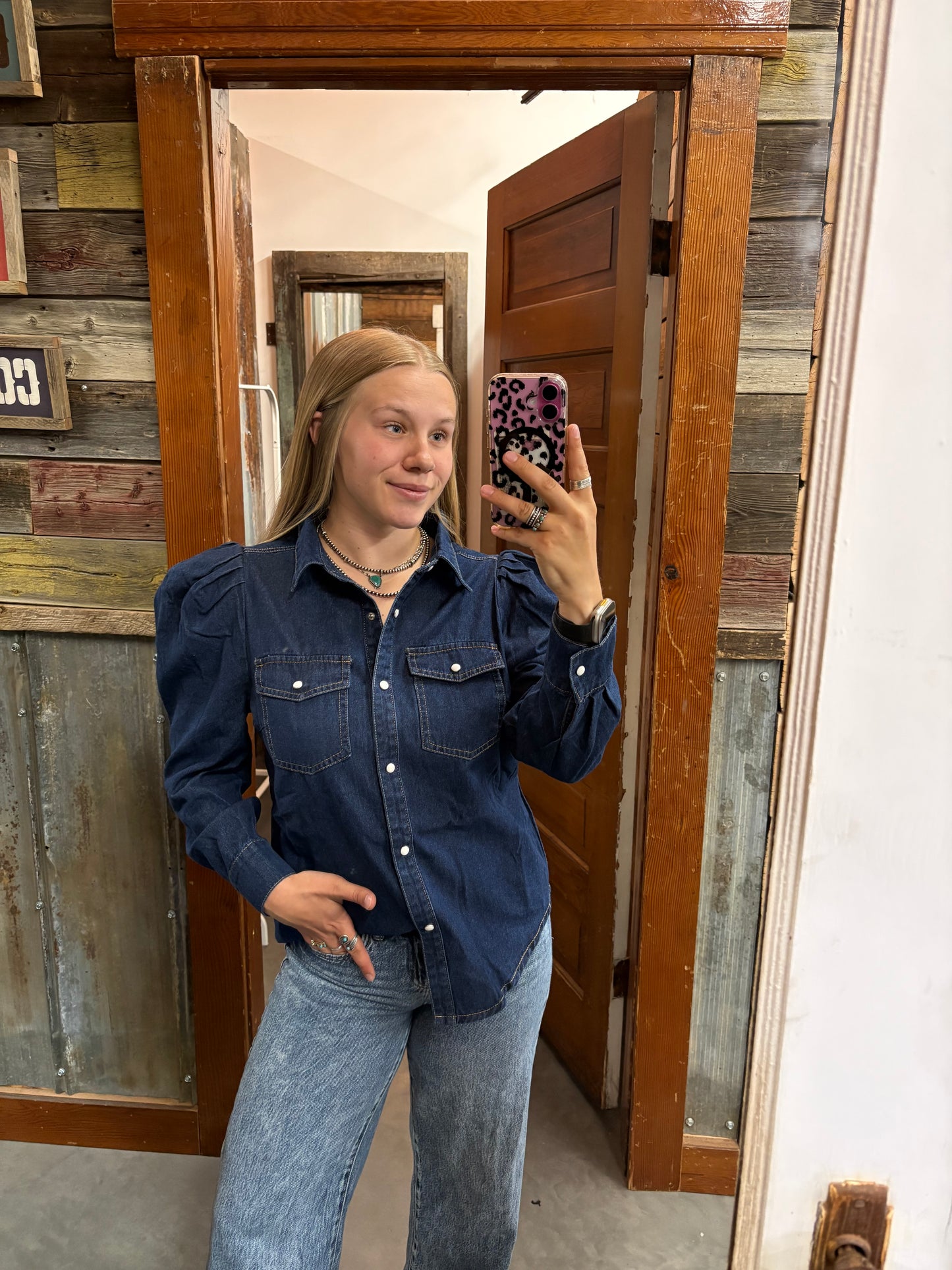 Denim Puff Sleeve Pearl Snap