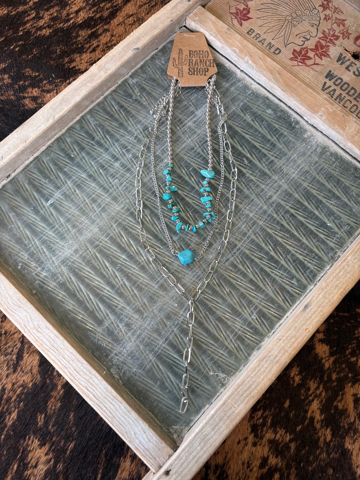 FAUX 3 Layer Western Turquoise & Chain Necklace