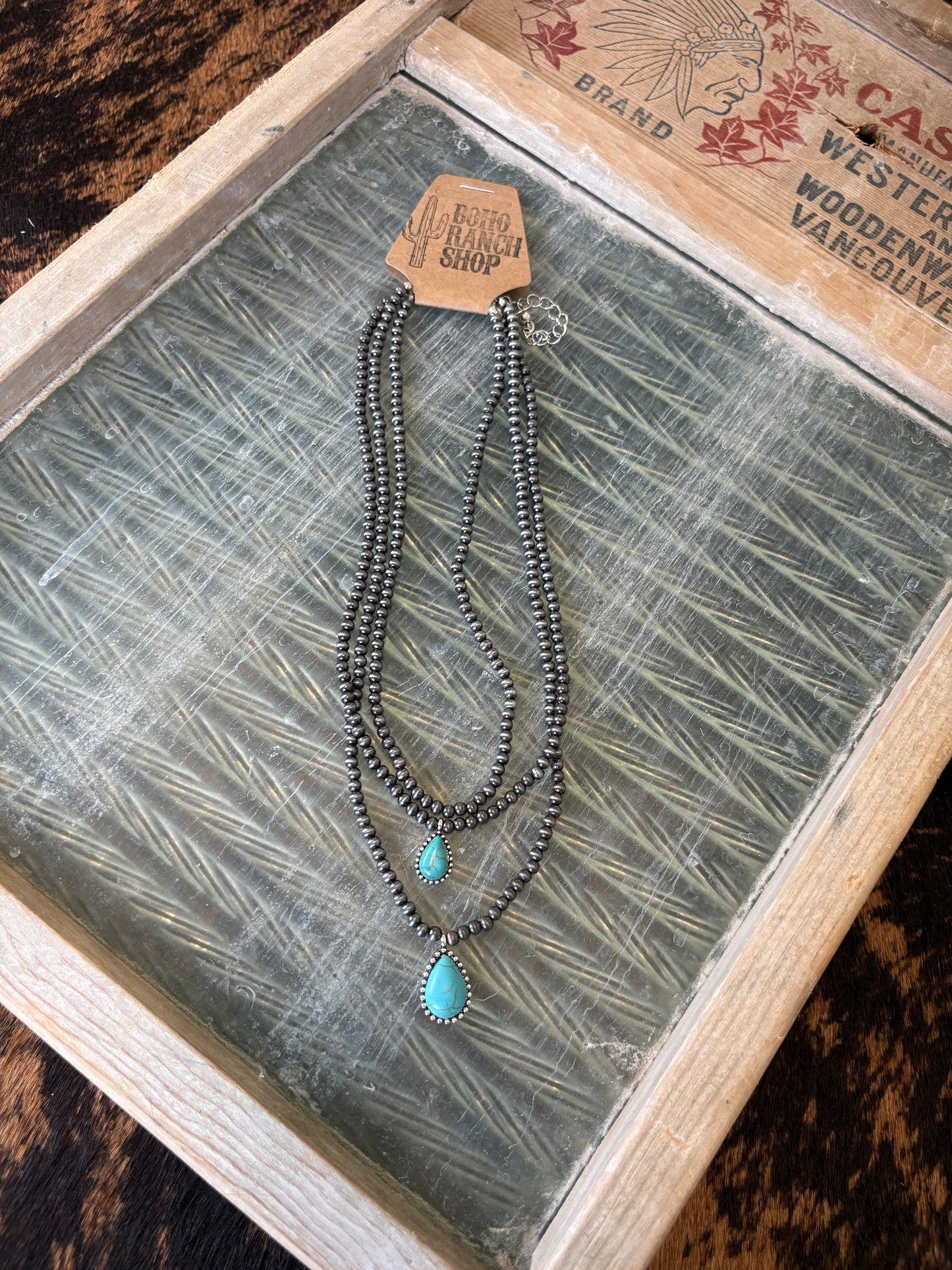 FAUX 3 Layer Navajo Bead & Turquoise Charm Necklace