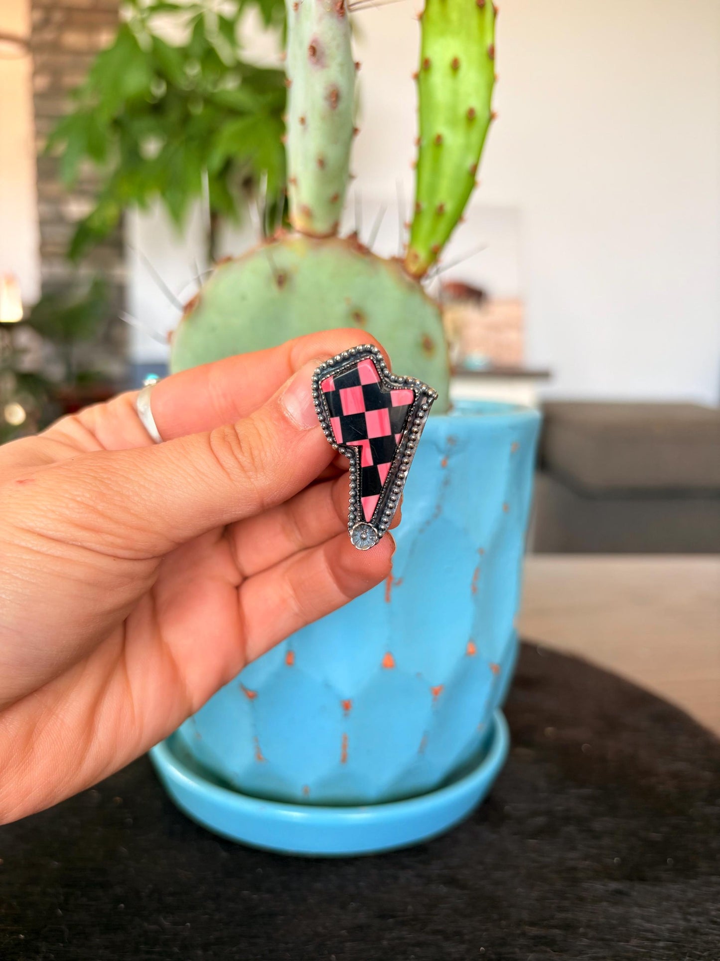 Pink Checkered Lightning Bolt - Pendant