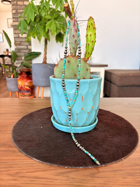 Sterling Silver Pearls & Genuine Turquoise Cubes - Lariat Necklace