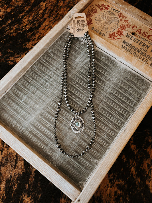 FAUX 2 Layer Navajo Bead & Concho Pendant Necklace
