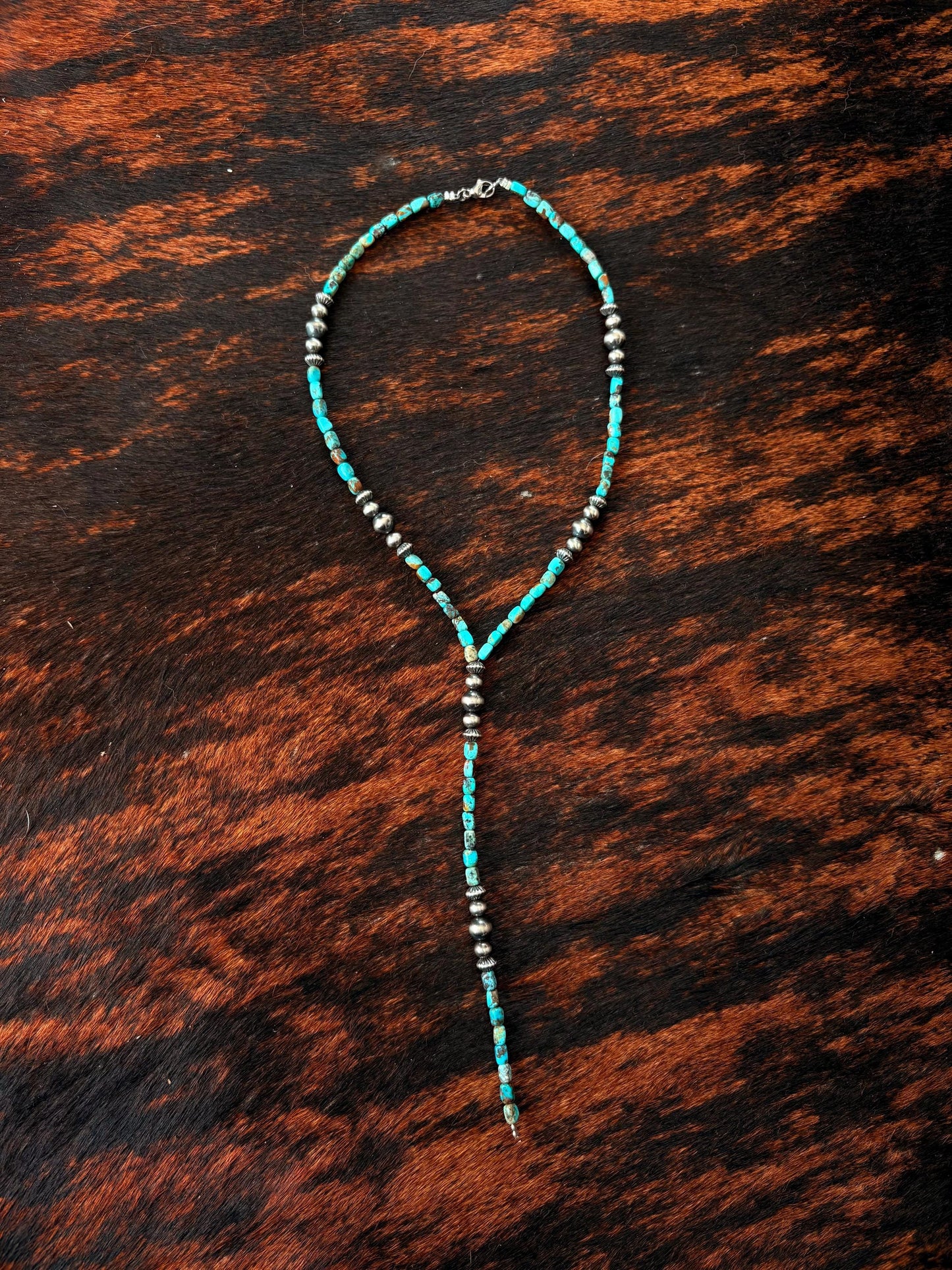 Sterling Silver Pearls & Genuine Turquoise Cubes - Lariat Necklace
