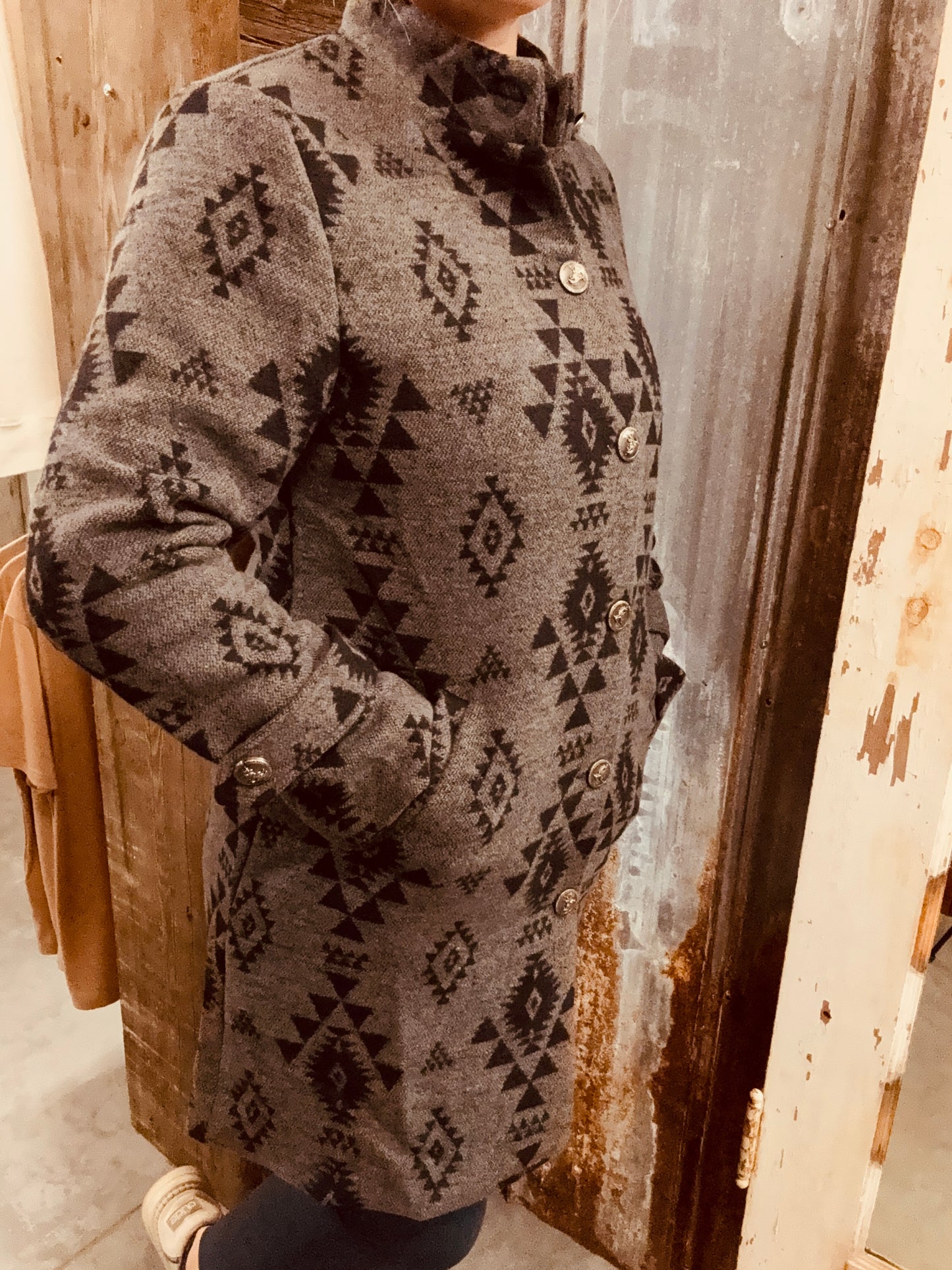 Wool Aztec Button Down Coat