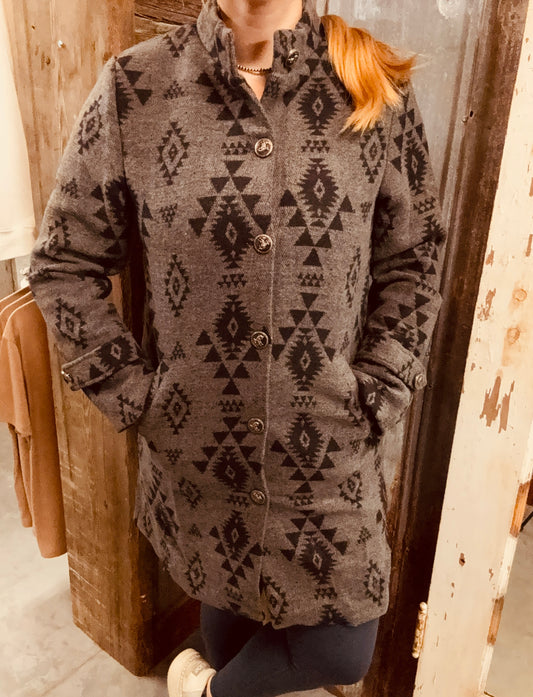 Wool Aztec Button Down Coat
