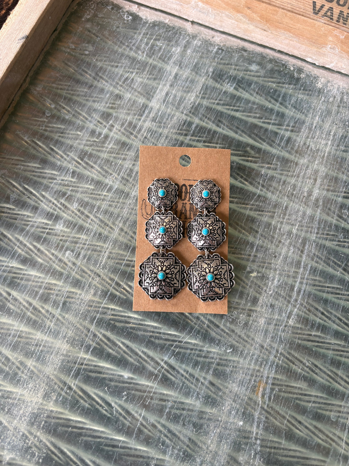 FAUX 3 Tier Turquoise Concho Earrings