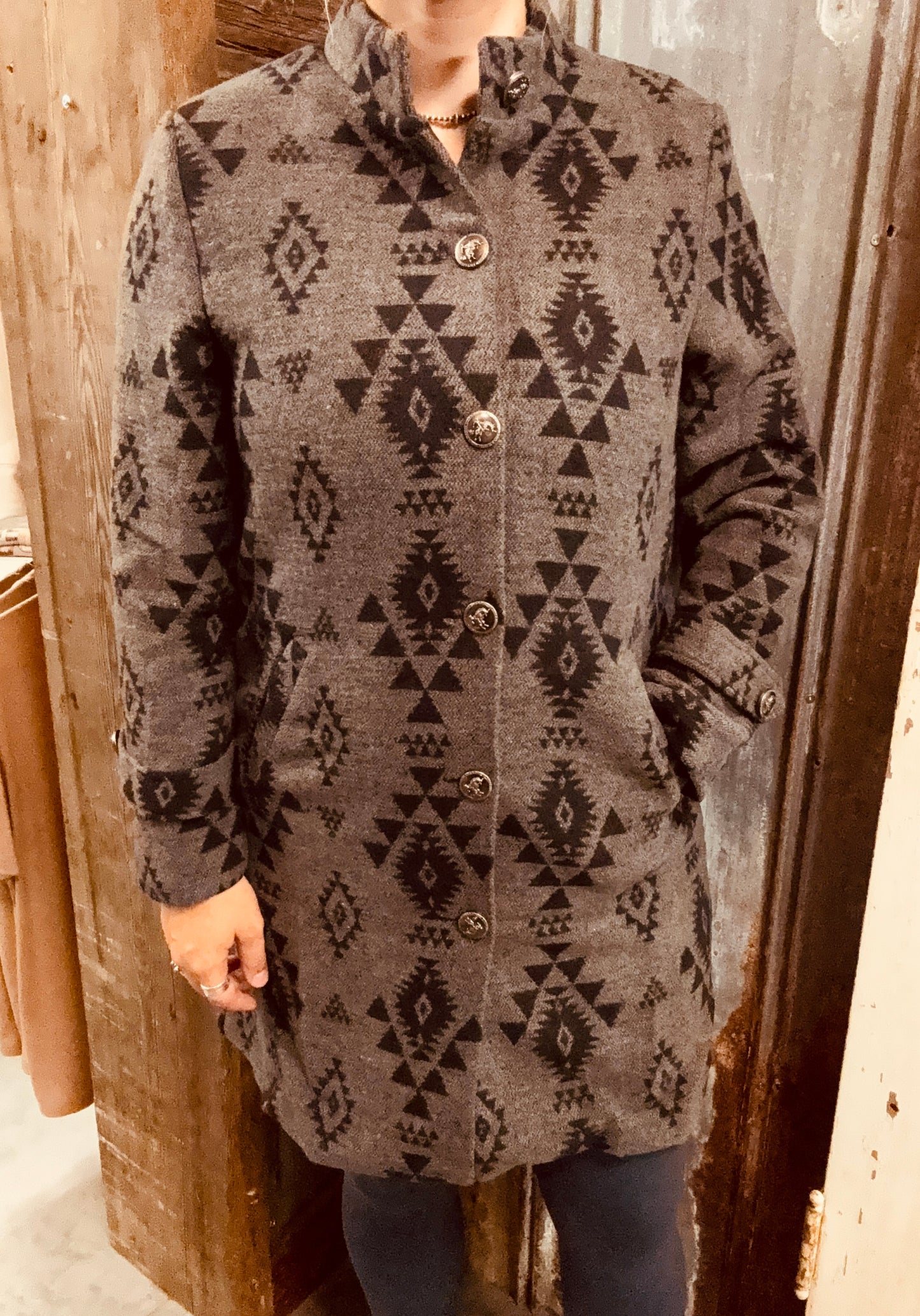 Wool Aztec Button Down Coat