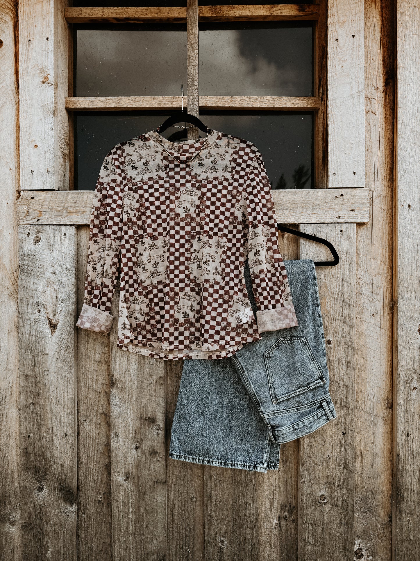 Brown Checkered Western Mesh Top