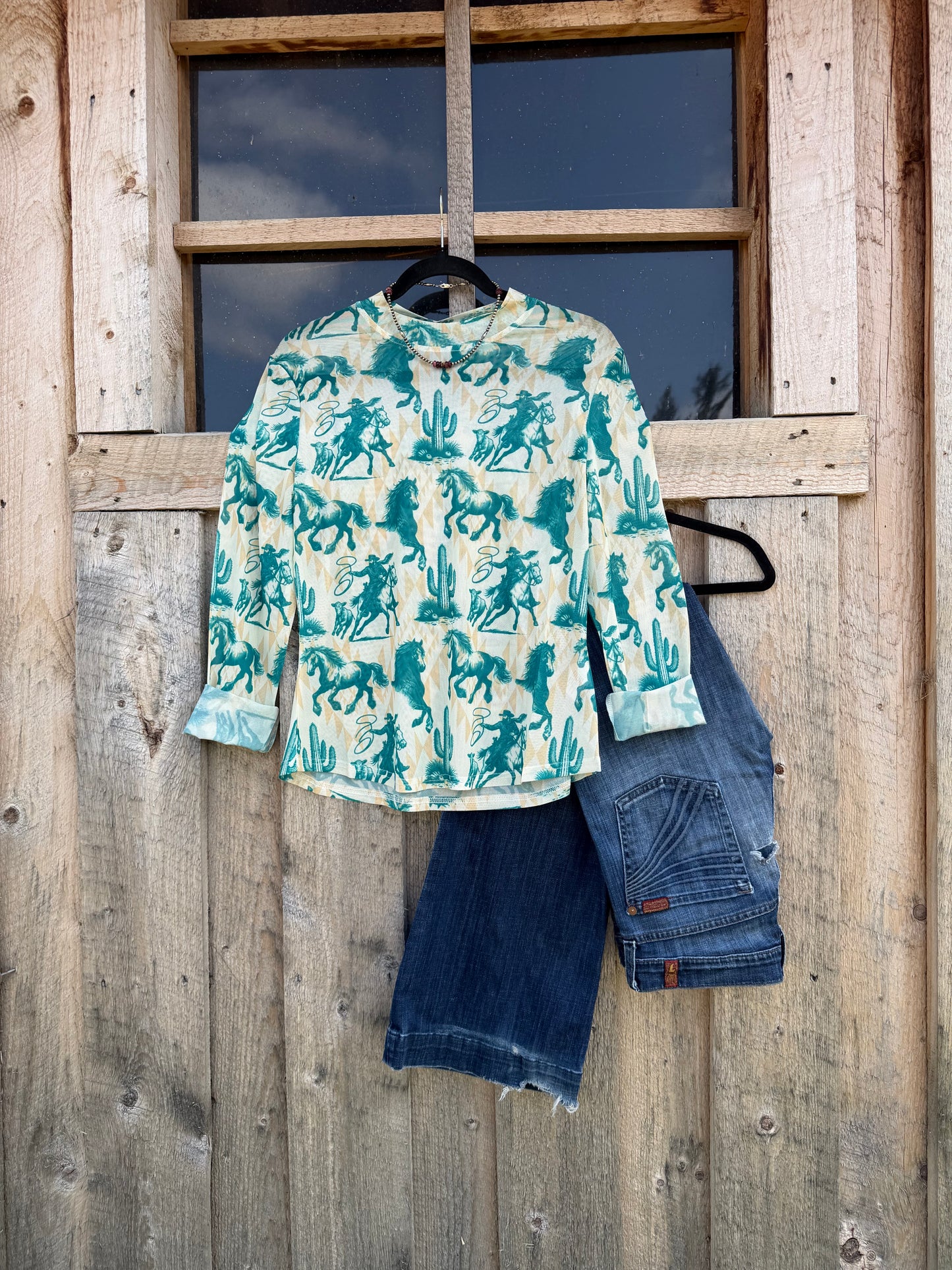 Ivory Turquoise Horse Mesh Top