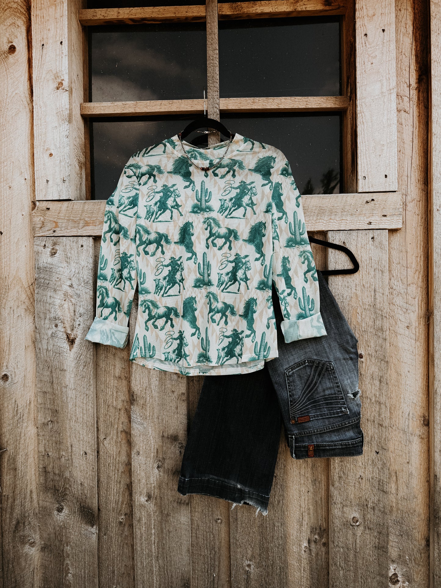 Ivory Turquoise Horse Mesh Top
