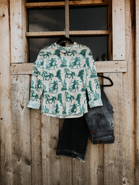 Ivory Turquoise Horse Mesh Top
