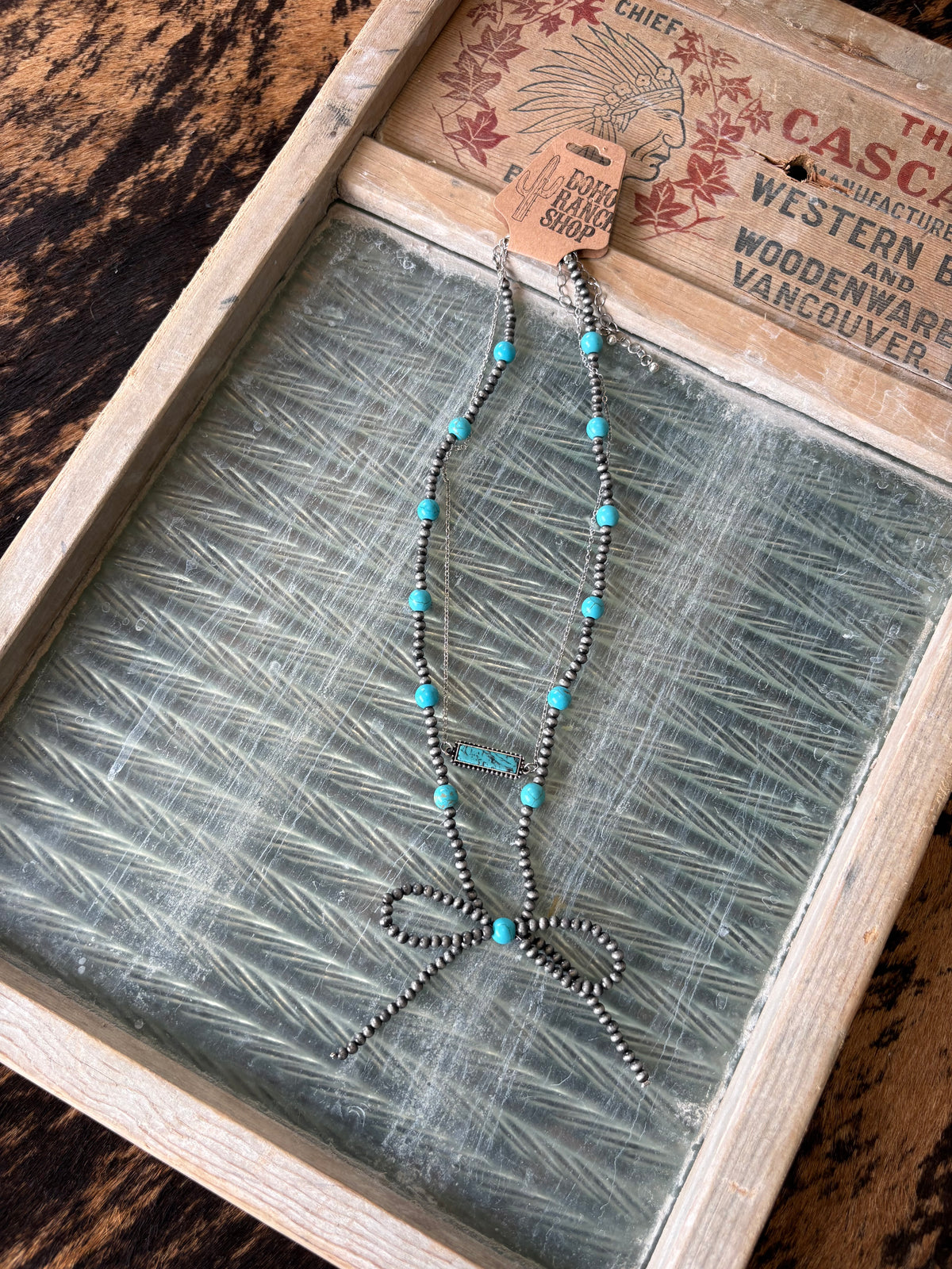 FAUX 2 Layer Turquoise Bar & Bow Necklace