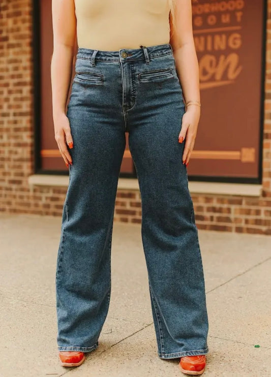 Dark Wash Detailed Pocket - Wide Leg Jeans