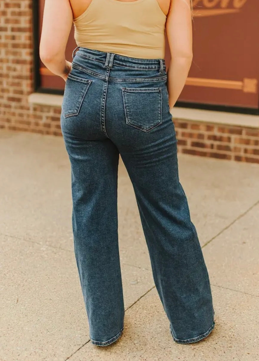 Dark Wash Detailed Pocket - Wide Leg Jeans