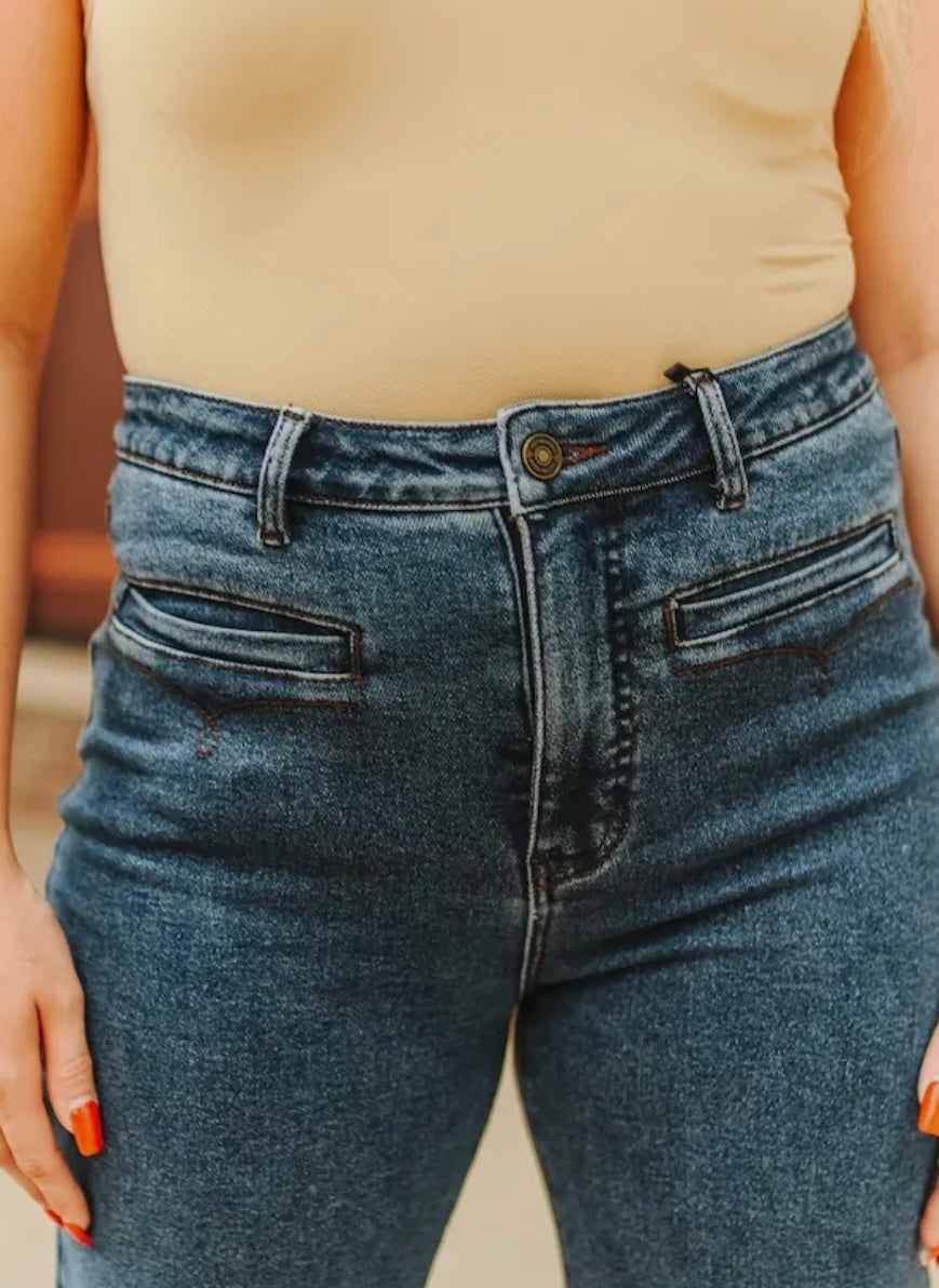 Dark Wash Detailed Pocket - Wide Leg Jeans