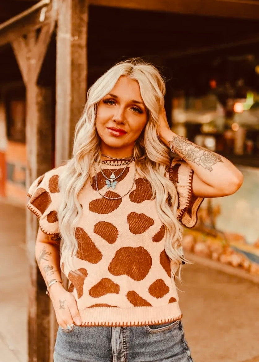 Cow Print Ruffle Sleeve - Sweater Vest
