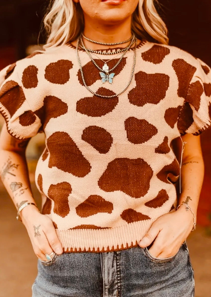 Cow Print Ruffle Sleeve - Sweater Vest
