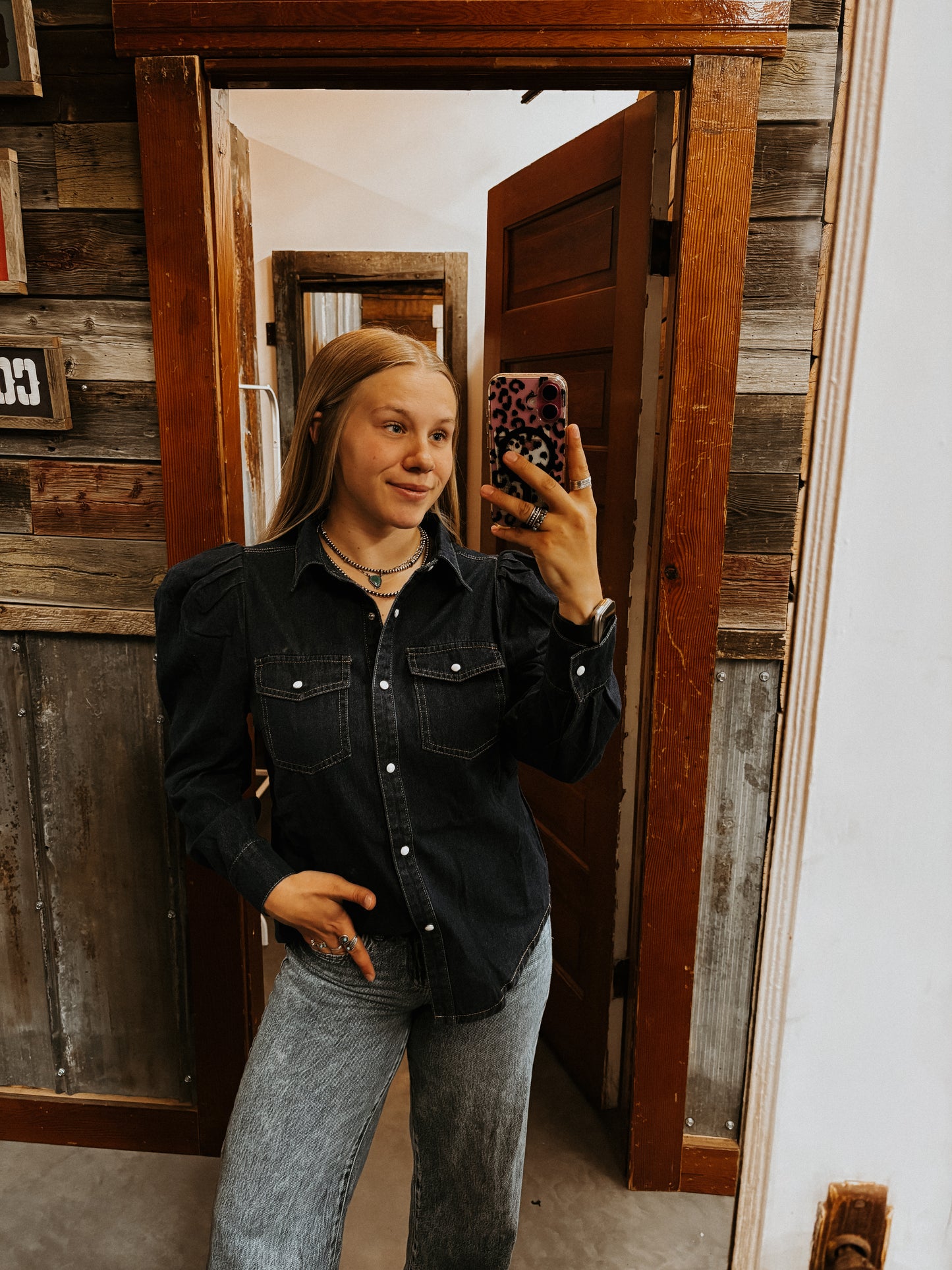 Denim Puff Sleeve Pearl Snap