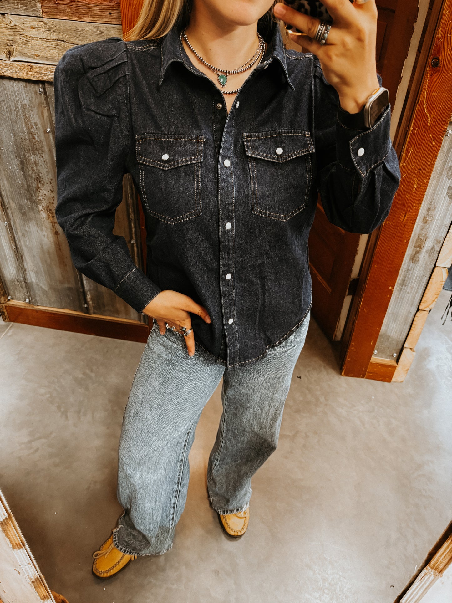 Denim Puff Sleeve Pearl Snap