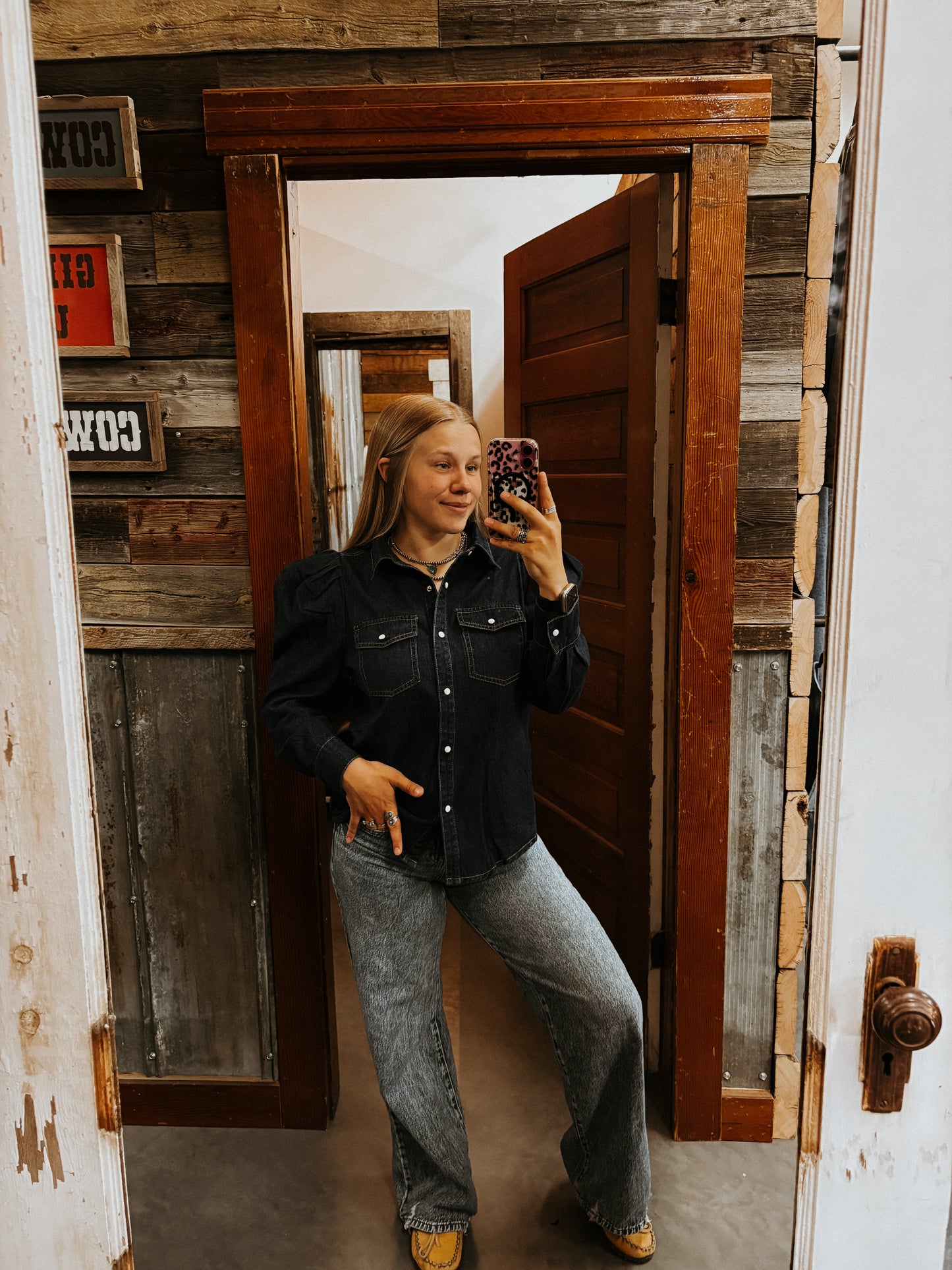 Denim Puff Sleeve Pearl Snap