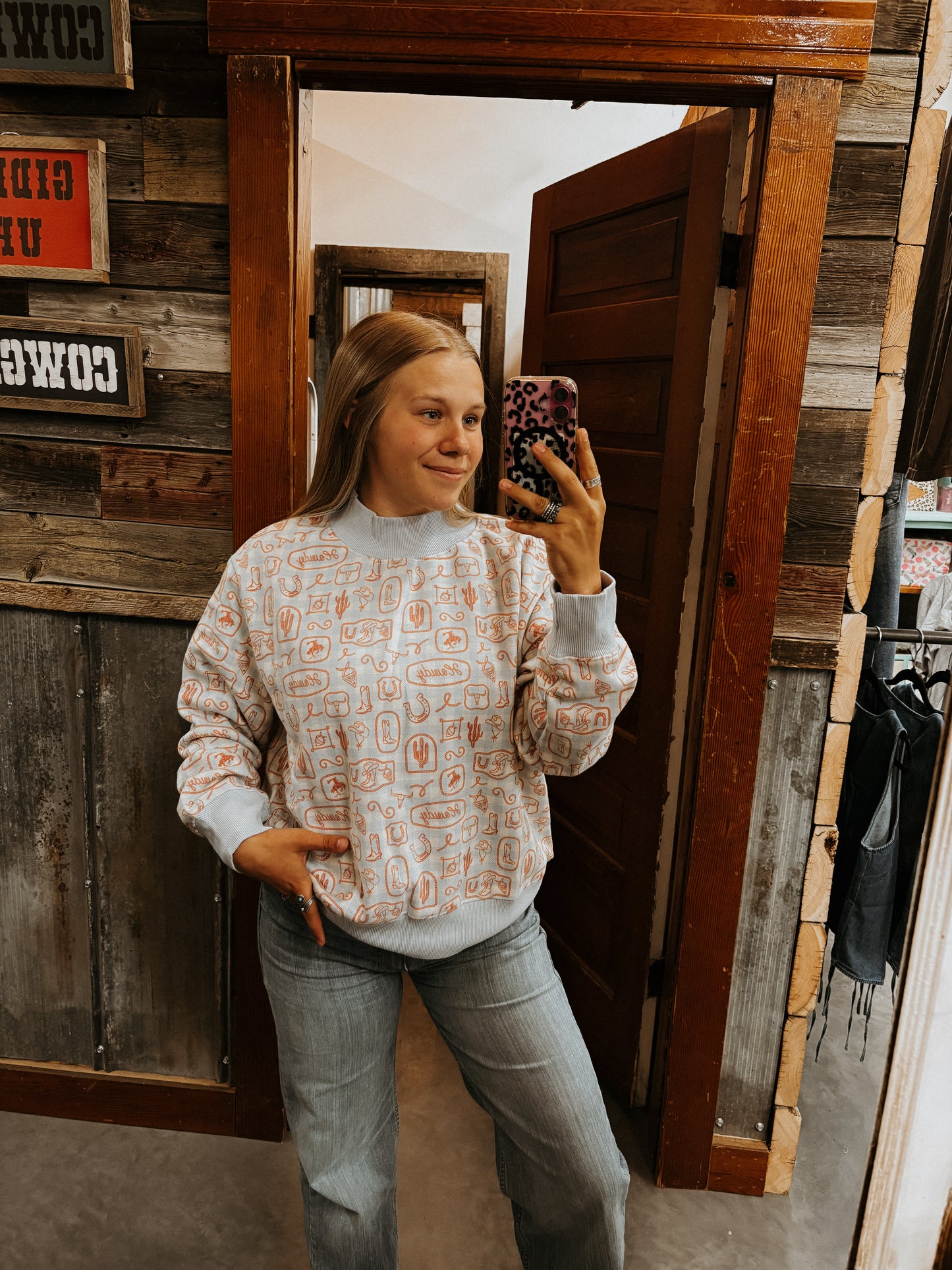 Western Gingham Mockneck Sweater