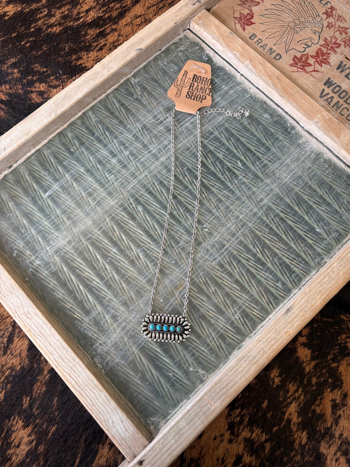 FAUX Western Silver & Turquoise Oval Bar Necklace