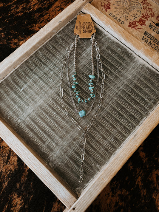 FAUX 3 Layer Western Turquoise & Chain Necklace
