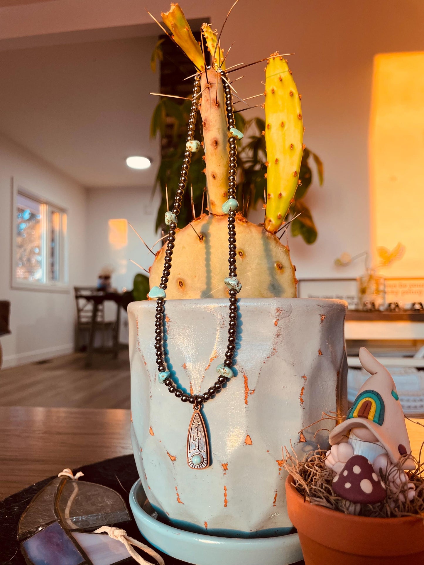 Turquoise Chipped Cactus - Necklace
