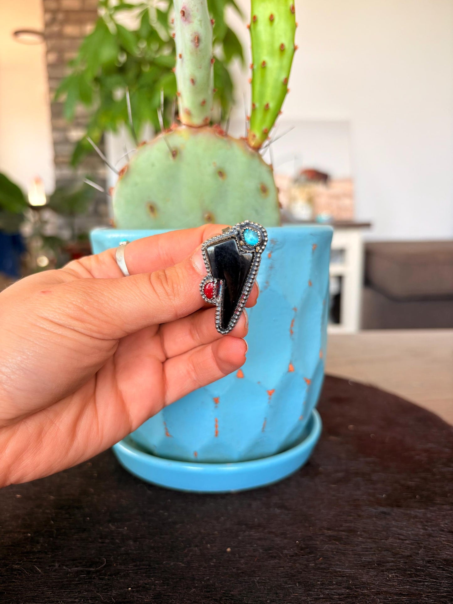 Black Onyx, Kingman Turquoise & Red Coral Lightning Bolt - Pendant